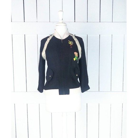 90s vintage black silk lace embroidered patch flight bomber jacket lightweight - Picture 1 of 5